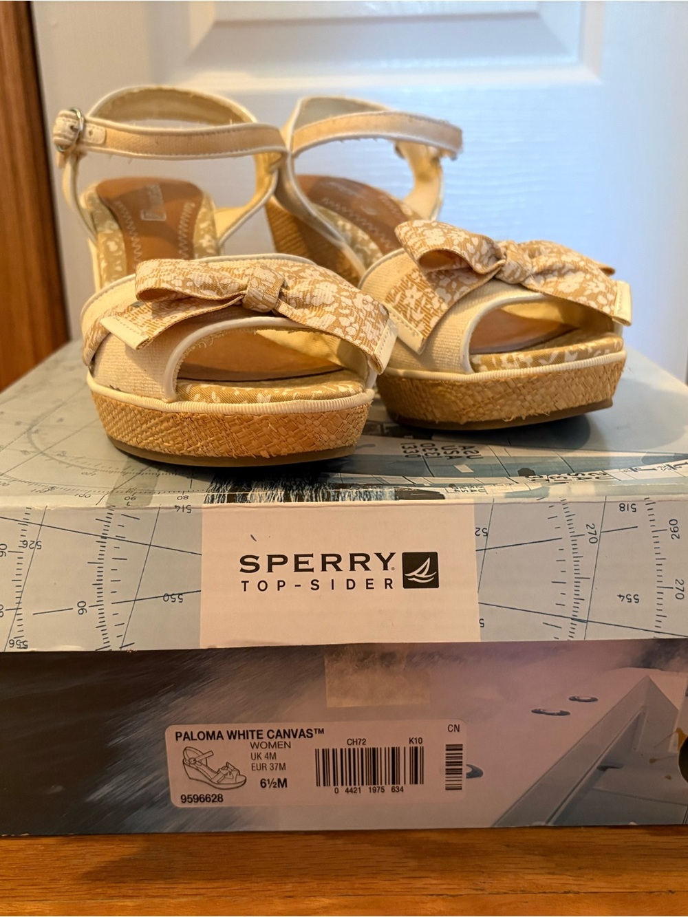 Sperry Beige White Canvas Wedge Sandals with Bow